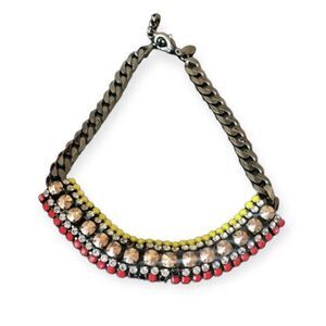 Iosselliani Italy Curblink Gunmetal Bronze, Red Yellow Stones Bib Necklace 15”L
